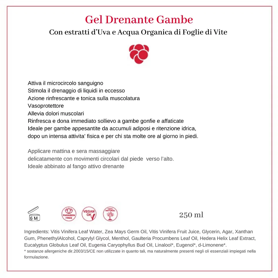 Draining LEG Gel "LEGGERISSIMA" with Grape Extracts and Organic Vine Leaf Water