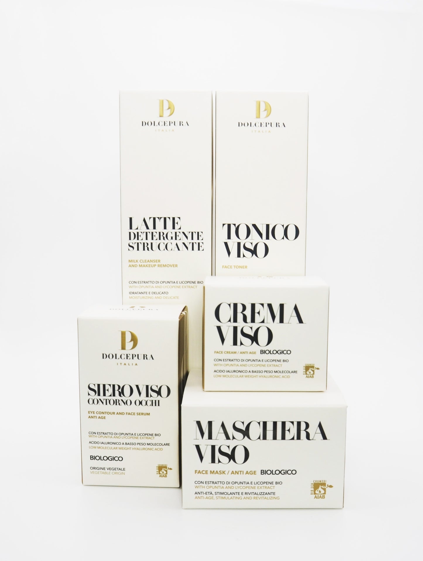 VISO, OCCHI, MANI set "COMPLETO" (latte detergente, tonico, siero, crema, maschera) opuntia e licopene biologico italiano certificato, oli preziosi